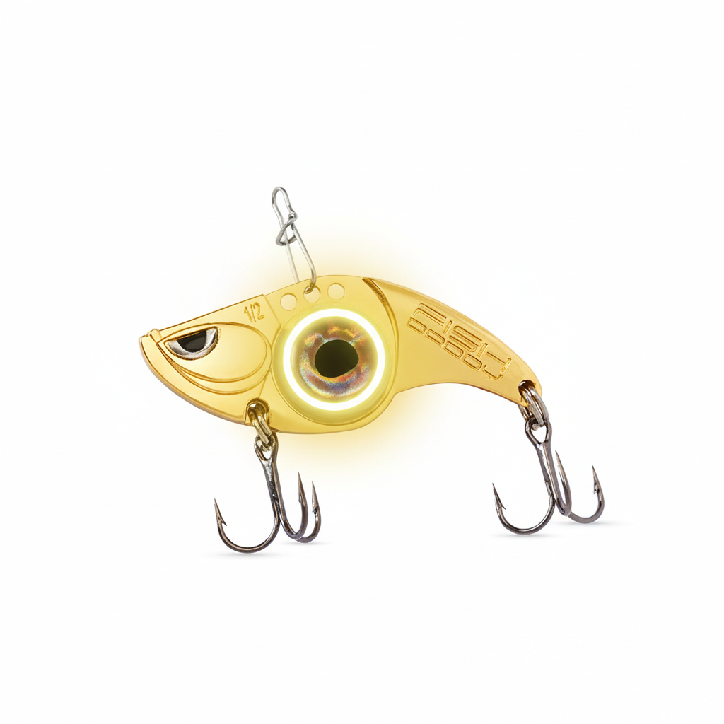 FishDaddy Gold Dirty Bomb Minnow 1/2oz Water Activated Gold Blinking LED with VMC Hooks Lit/Glow Image