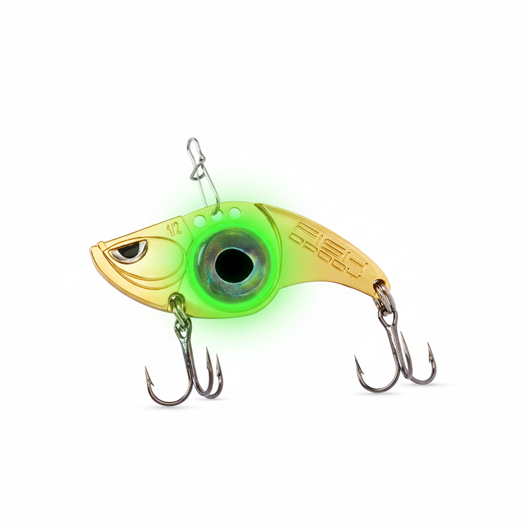 FishDaddy Gold Dirty Bomb Minnow 1/2oz Water Activated Green Blinking LED with VMC Hooks Lit/Glow Image