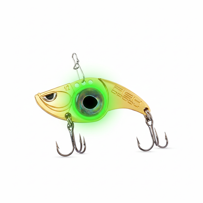 FishDaddy Gold Dirty Bomb Minnow 1/2oz Water Activated Green Blinking LED with VMC Hooks Lit/Glow Image