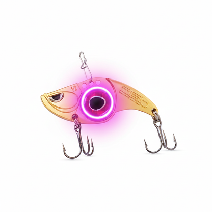 FishDaddy Gold Dirty Bomb Minnow 1/2oz Water Activated Pink Blinking LED with VMC Hooks Lit/Glow Image