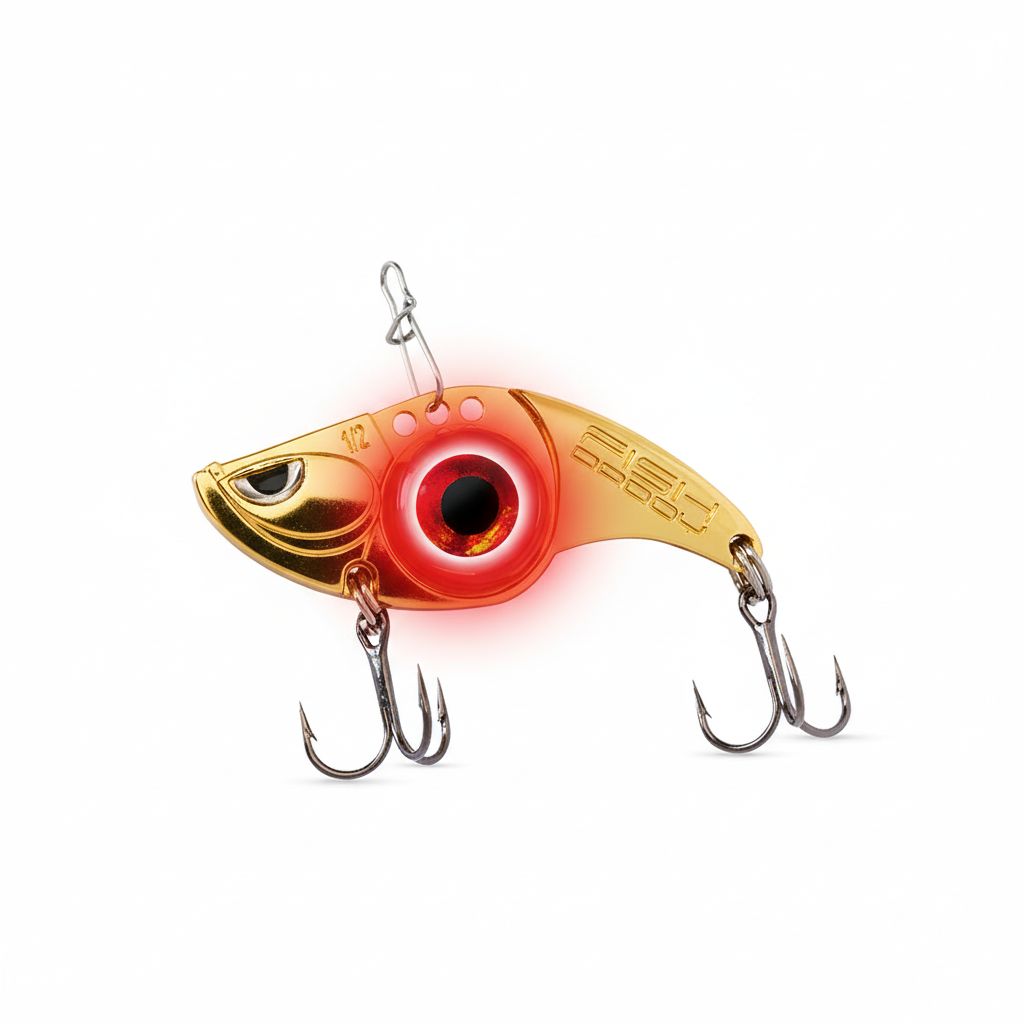 FishDaddy Gold Dirty Bomb Minnow 1/2oz Water Activated Red Blinking LED with VMC Hooks Lit/Glow Image