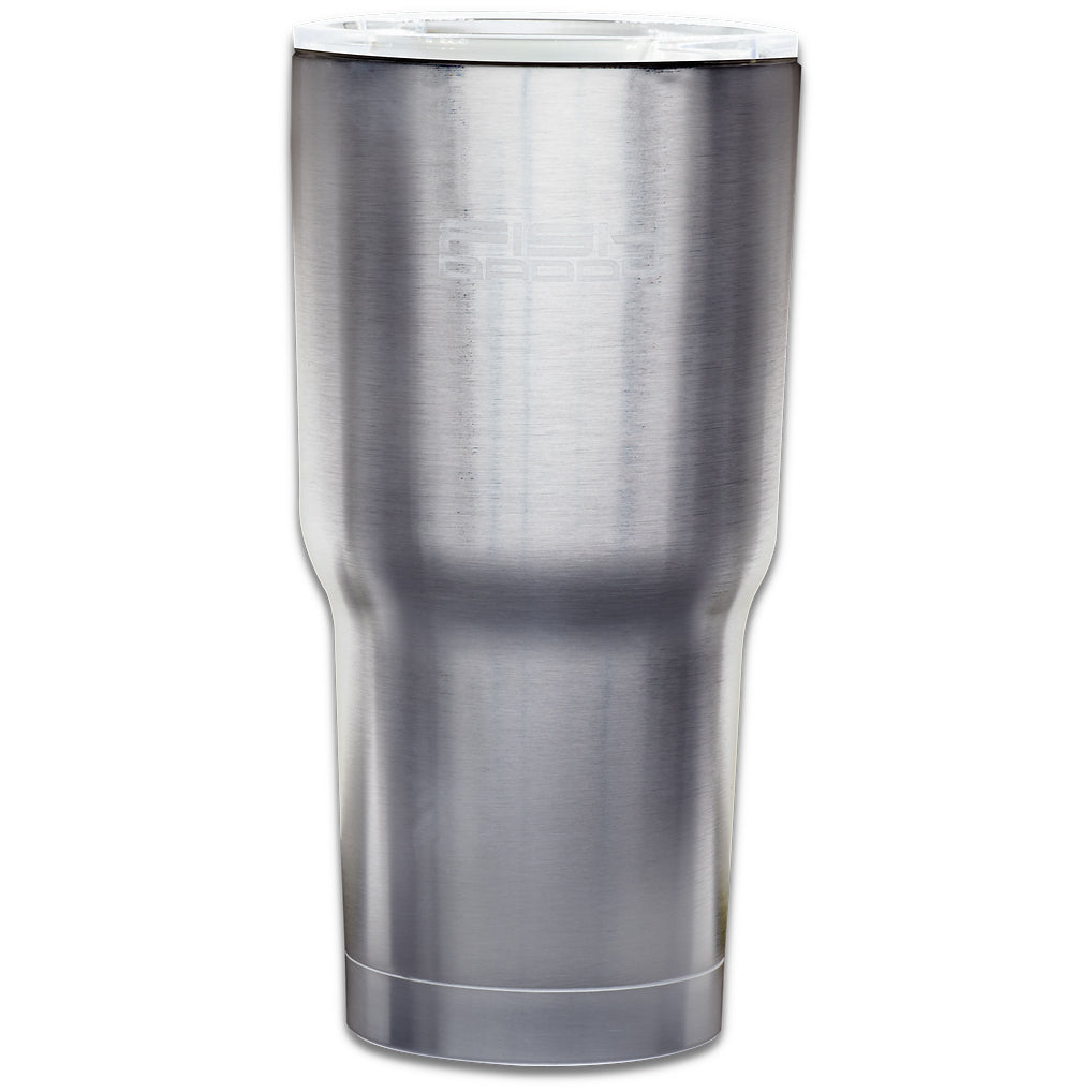 A stainless steel tumbler with a slide-back to drink feature and a sealed plastic lid.