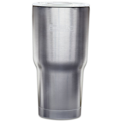 A stainless steel tumbler with a slide-back to drink feature and a sealed plastic lid.