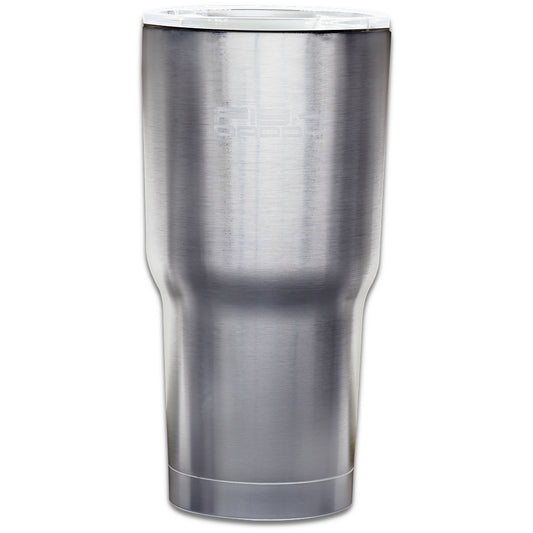 A stainless steel tumbler with a slide-back to drink feature and a sealed plastic lid.